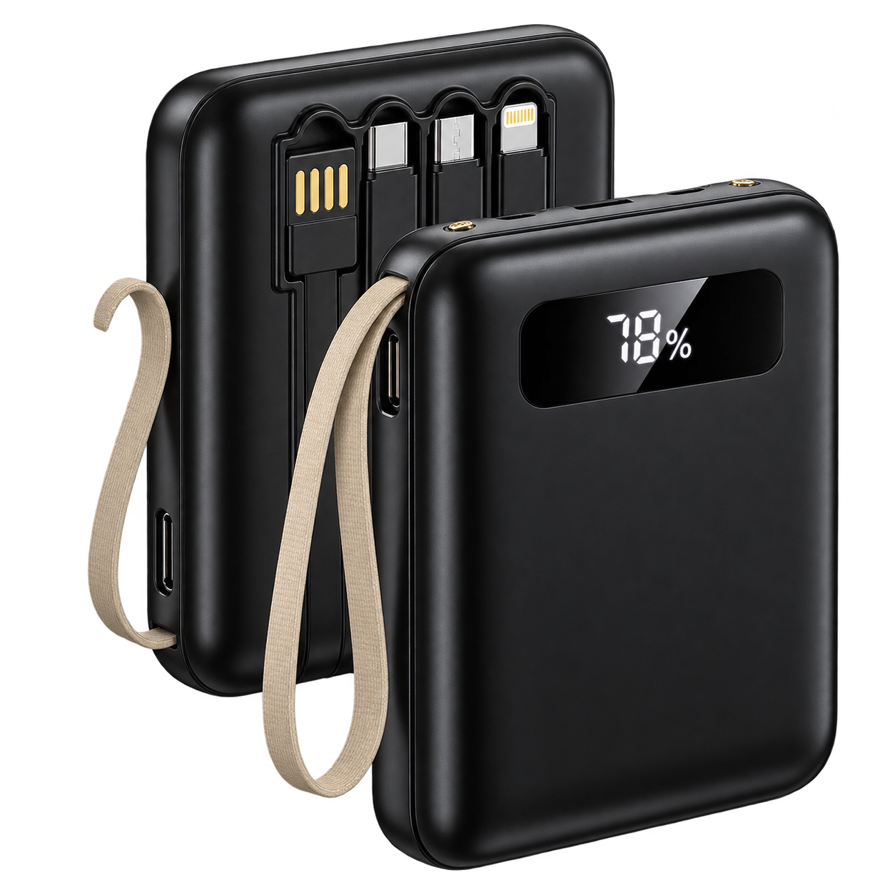 Power bank portátil com cabos embutidos e display de carga
