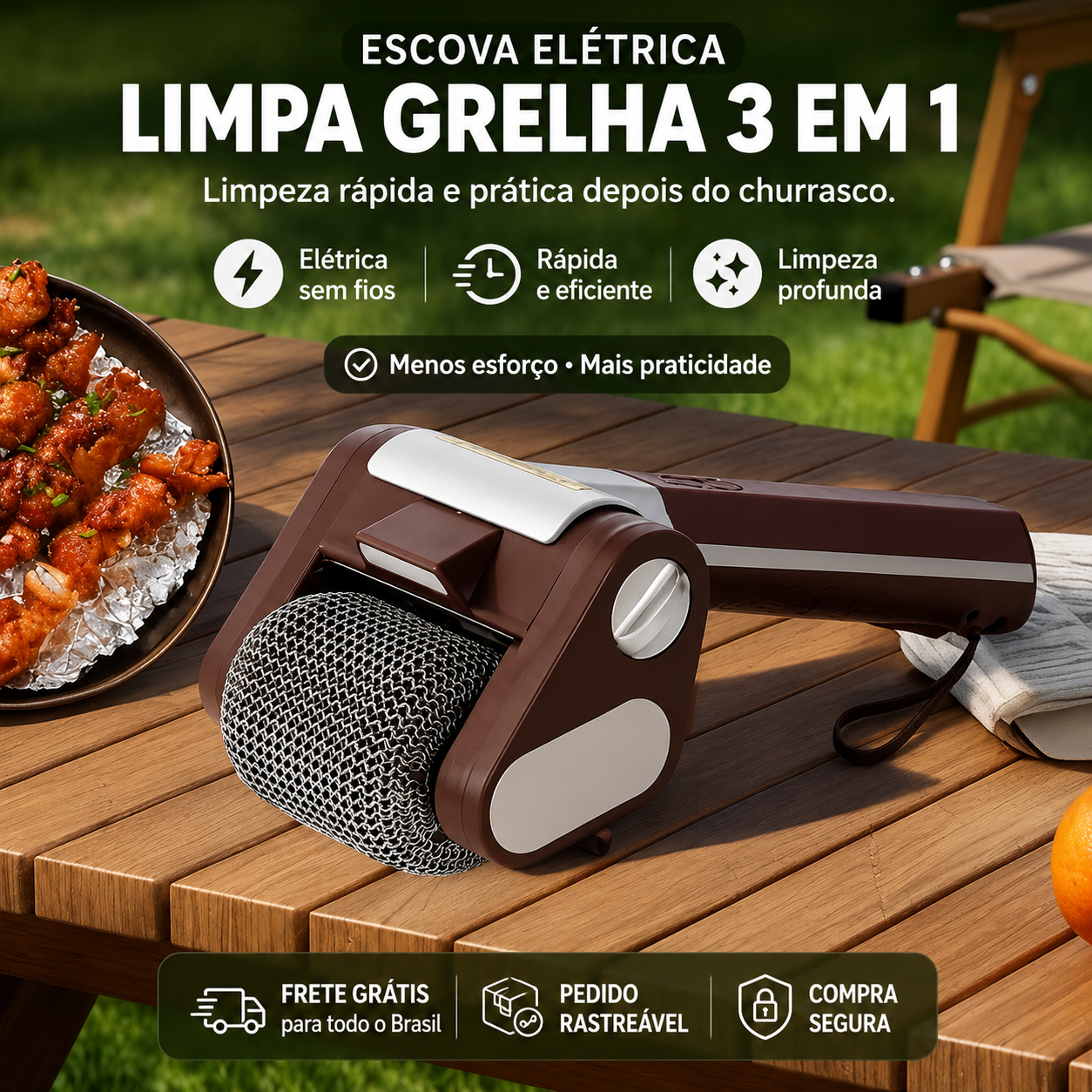 Escova Elétrica Limpa Grelha 3 em 1
